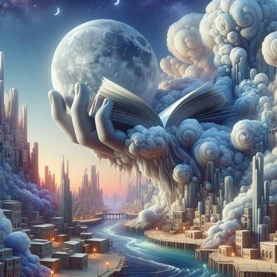 The primary subject of the image is a large, surreal cityscape featuring a giant hand holding a book. The setting is a futuristic city with a mix of architectural styles, including a castle-like structure. The visual style is a combination of digital art and illustration, creating a unique and imaginative scene. The dominant colors in the image are blue and white, giving the scene a calm and serene atmosphere.